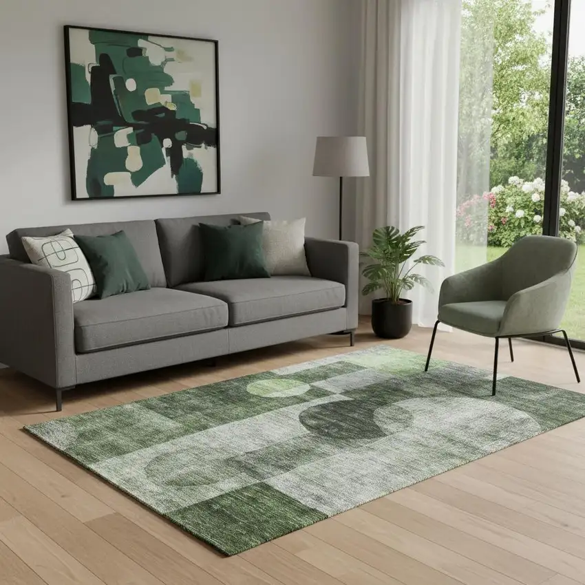 Fern Green Gray And Silver Geometric Washable Area Rug With UV Protection Photo 2