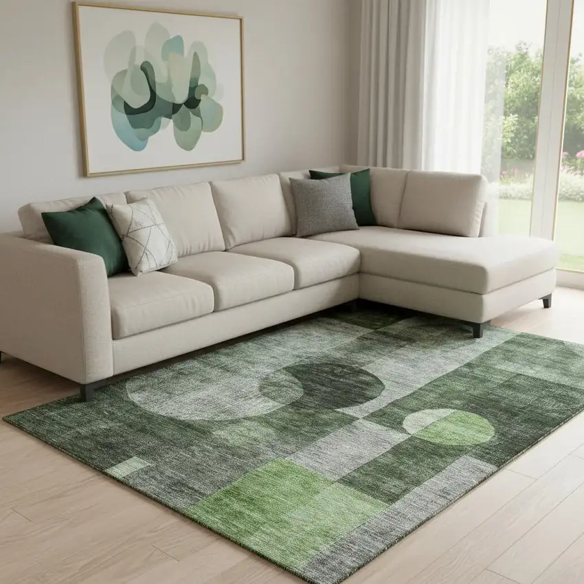 Fern Green Gray And Silver Geometric Washable Area Rug With UV Protection Photo 2