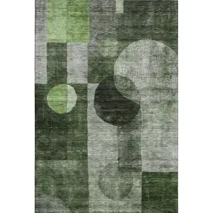 Photo of Fern Green Gray And Silver Geometric Washable Area Rug With UV Protection