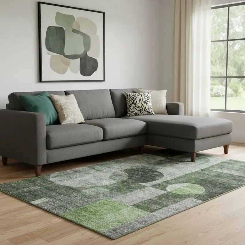 Fern Green Gray And Silver Geometric Washable Area Rug With UV Protection Photo 2