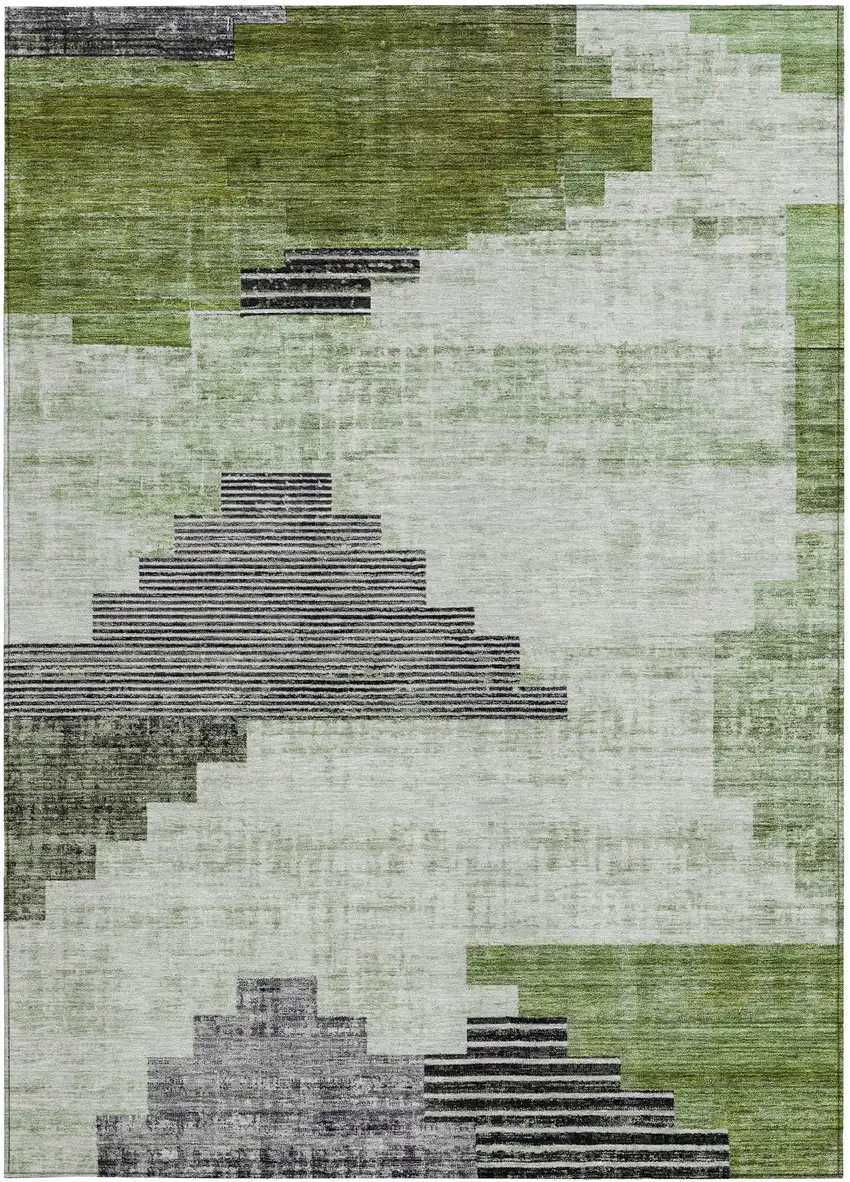 Fern Green Ivory And Charcoal Geometric Washable Indoor Outdoor Area Rug Photo 3