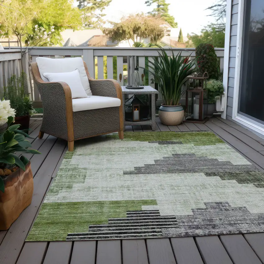 Fern Green Ivory And Charcoal Geometric Washable Indoor Outdoor Area Rug Photo 8