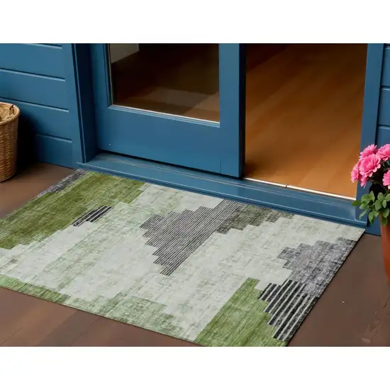 Fern Green Ivory And Charcoal Geometric Washable Indoor Outdoor Area Rug Photo 2