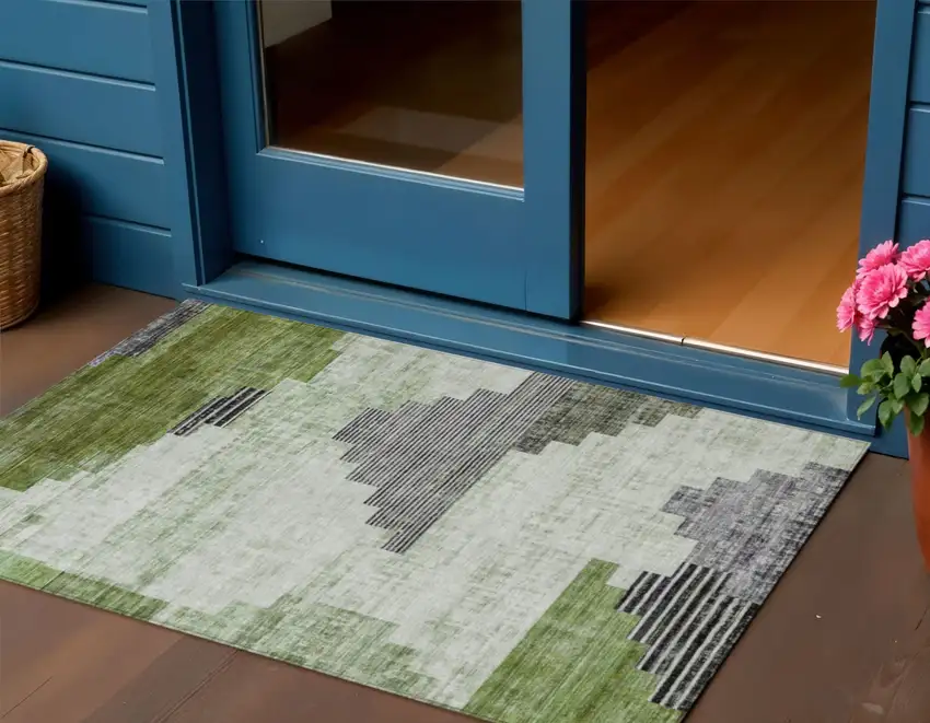 Fern Green Ivory And Charcoal Geometric Washable Indoor Outdoor Area Rug Photo 2