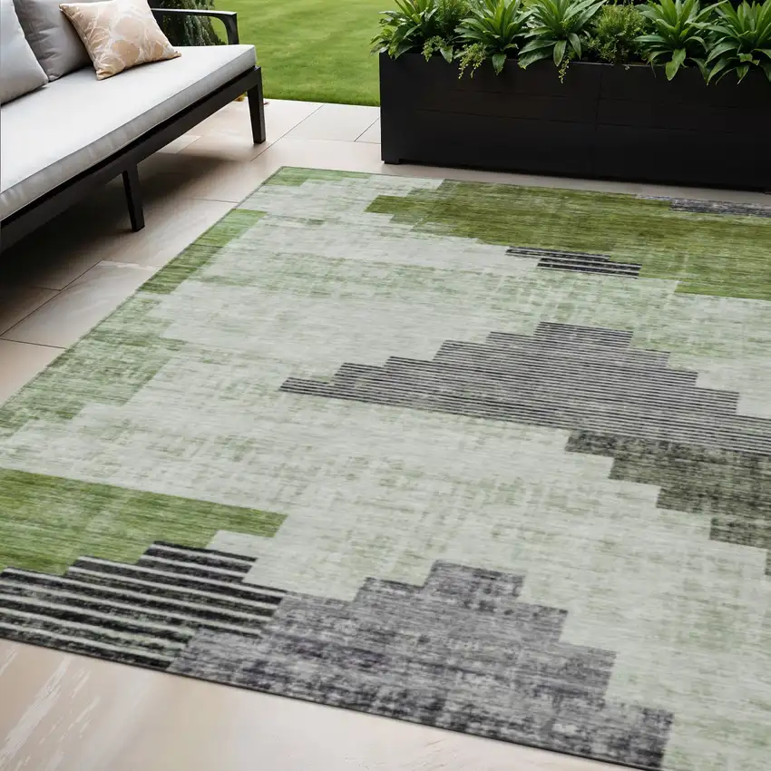 Fern Green Ivory And Charcoal Geometric Washable Indoor Outdoor Area Rug Photo 2