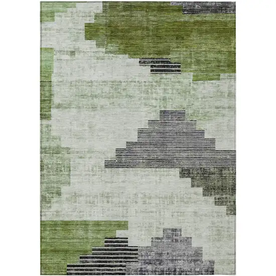 Fern Green Ivory And Charcoal Geometric Washable Indoor Outdoor Area Rug Photo 1