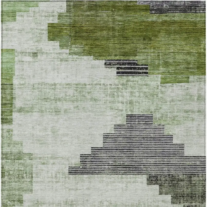 Fern Green Ivory And Charcoal Geometric Washable Indoor Outdoor Area Rug Photo 7