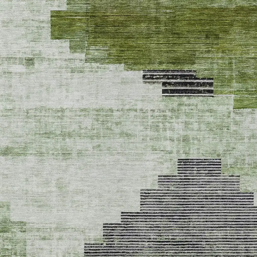 Fern Green Ivory And Charcoal Geometric Washable Indoor Outdoor Area Rug Photo 6