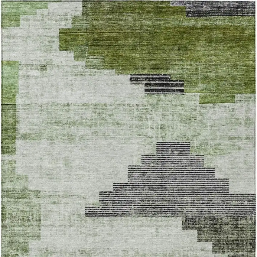 Fern Green Ivory And Charcoal Geometric Washable Indoor Outdoor Area Rug Photo 4