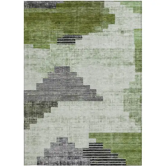 Fern Green Ivory And Charcoal Geometric Washable Indoor Outdoor Area Rug Photo 3
