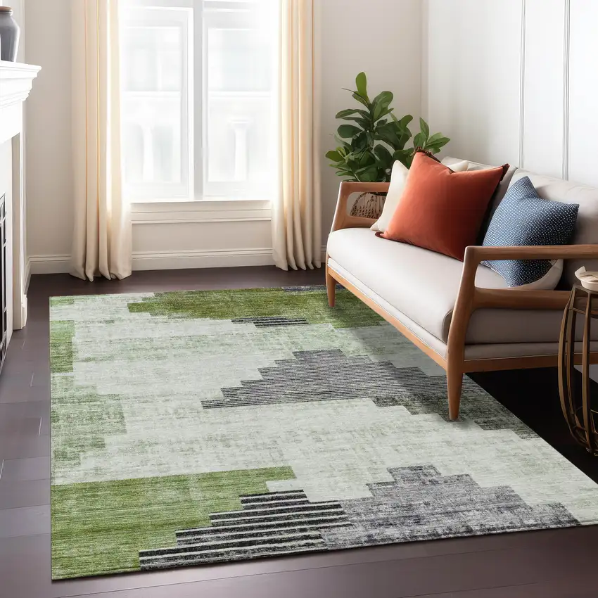 Fern Green Ivory And Charcoal Geometric Washable Indoor Outdoor Area Rug Photo 7