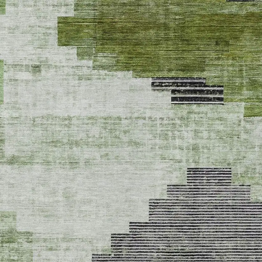 Fern Green Ivory And Charcoal Geometric Washable Indoor Outdoor Area Rug Photo 4