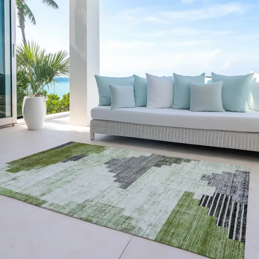 Fern Green Ivory And Charcoal Geometric Washable Indoor Outdoor Area Rug Photo 5