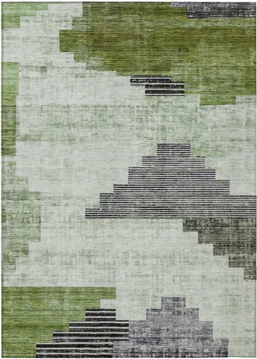 Fern Green Ivory And Charcoal Geometric Washable Indoor Outdoor Area Rug Photo 1