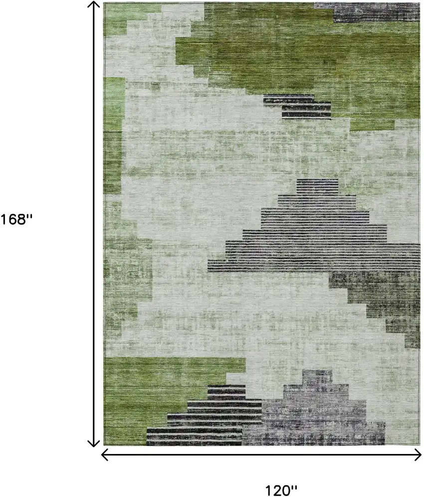 Fern Green Ivory And Charcoal Geometric Washable Indoor Outdoor Area Rug Photo 9