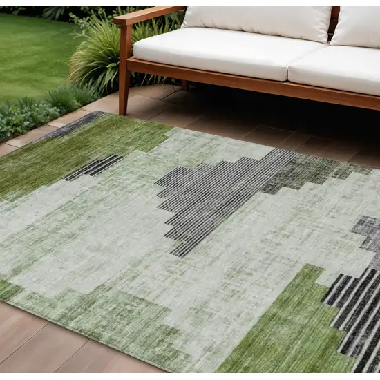 Fern Green Ivory And Charcoal Geometric Washable Indoor Outdoor Area Rug Photo 2