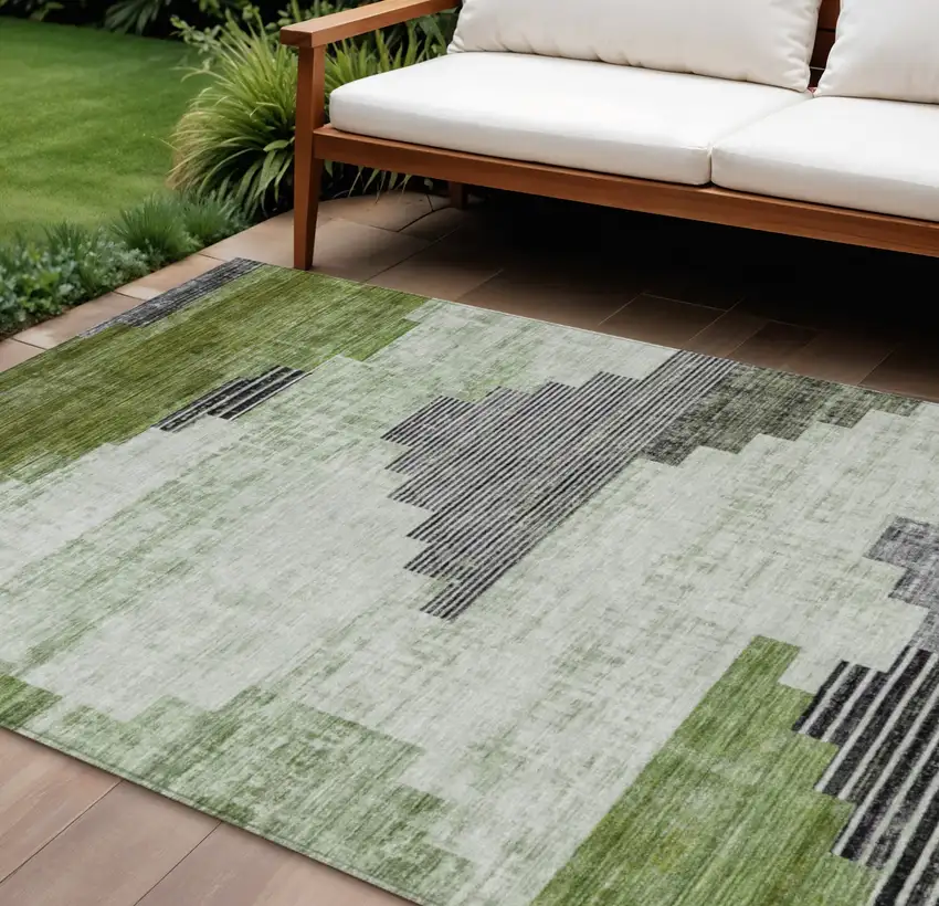 Fern Green Ivory And Charcoal Geometric Washable Indoor Outdoor Area Rug Photo 2