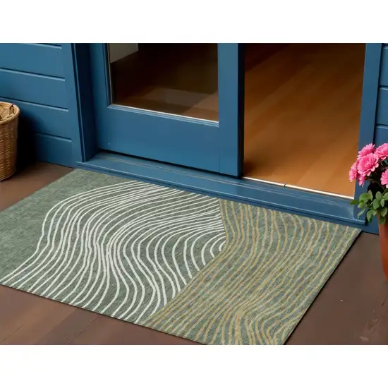 Fern Green Ivory And Gold Striped Washable Indoor Outdoor Area Rug Photo 1