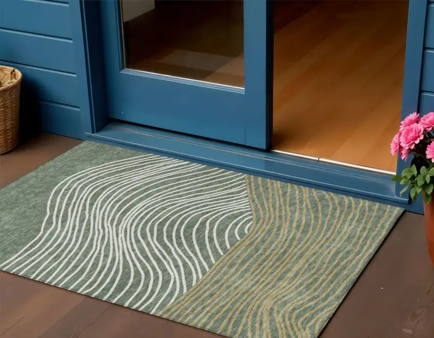 Fern Green Ivory And Gold Striped Washable Indoor Outdoor Area Rug Photo 1