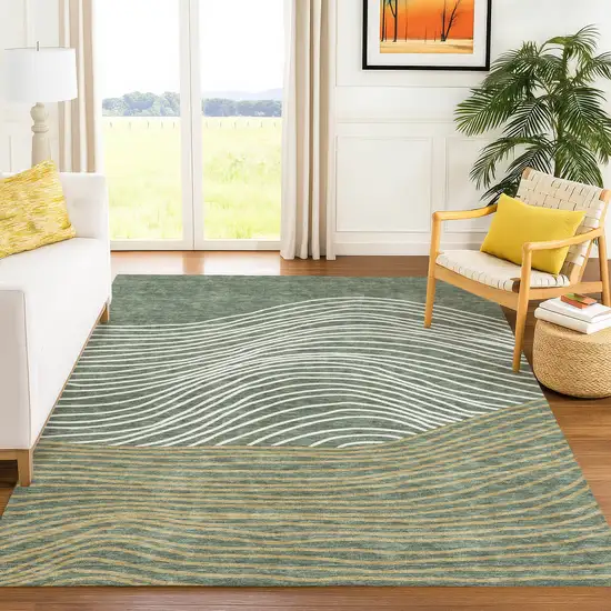 Fern Green Ivory And Gold Striped Washable Indoor Outdoor Area Rug Photo 8
