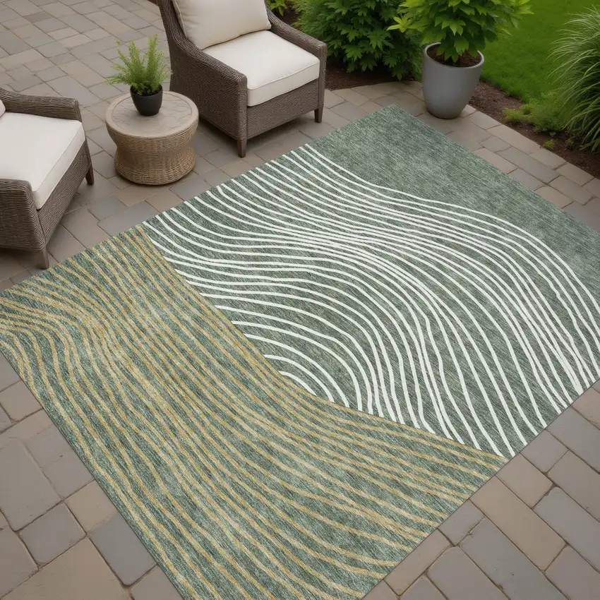 Fern Green Ivory And Gold Striped Washable Indoor Outdoor Area Rug Photo 6