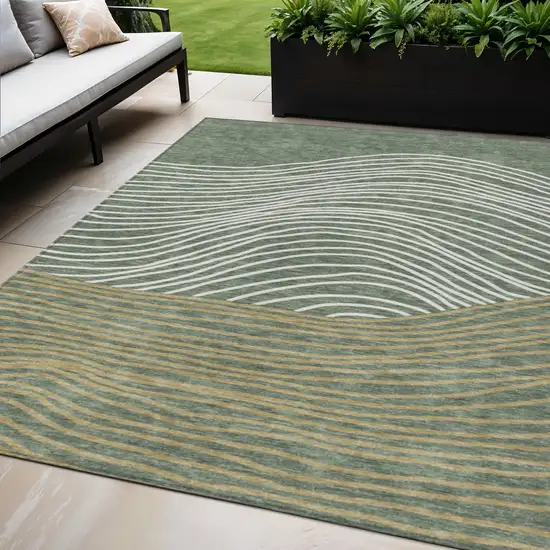 Fern Green Ivory And Gold Striped Washable Indoor Outdoor Area Rug Photo 1