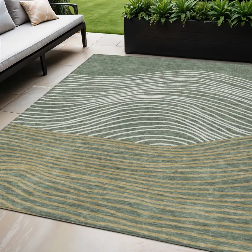 Fern Green Ivory And Gold Striped Washable Indoor Outdoor Area Rug Photo 1