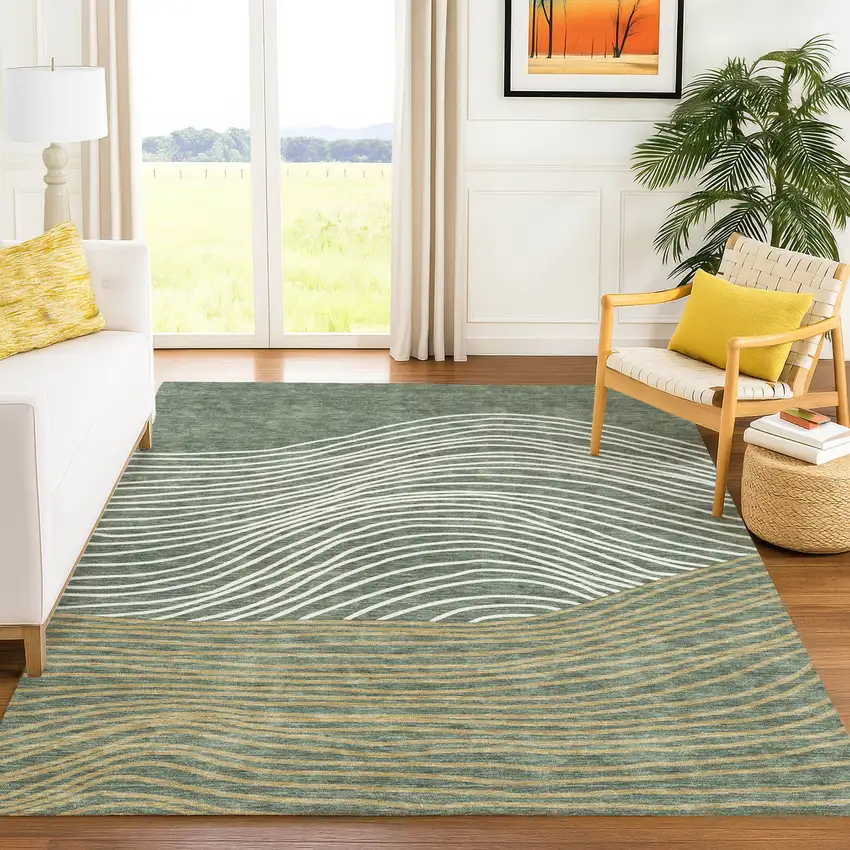 Fern Green Ivory And Gold Striped Washable Indoor Outdoor Area Rug Photo 9