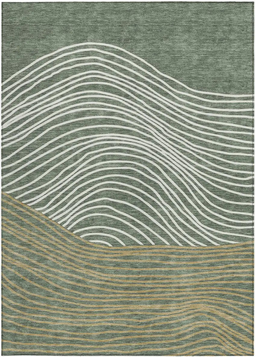 Fern Green Ivory And Gold Striped Washable Indoor Outdoor Area Rug Photo 4