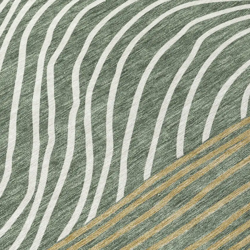 Fern Green Ivory And Gold Striped Washable Indoor Outdoor Area Rug Photo 8
