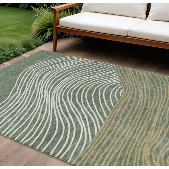 Fern Green Ivory And Gold Striped Washable Indoor Outdoor Area Rug Photo 1