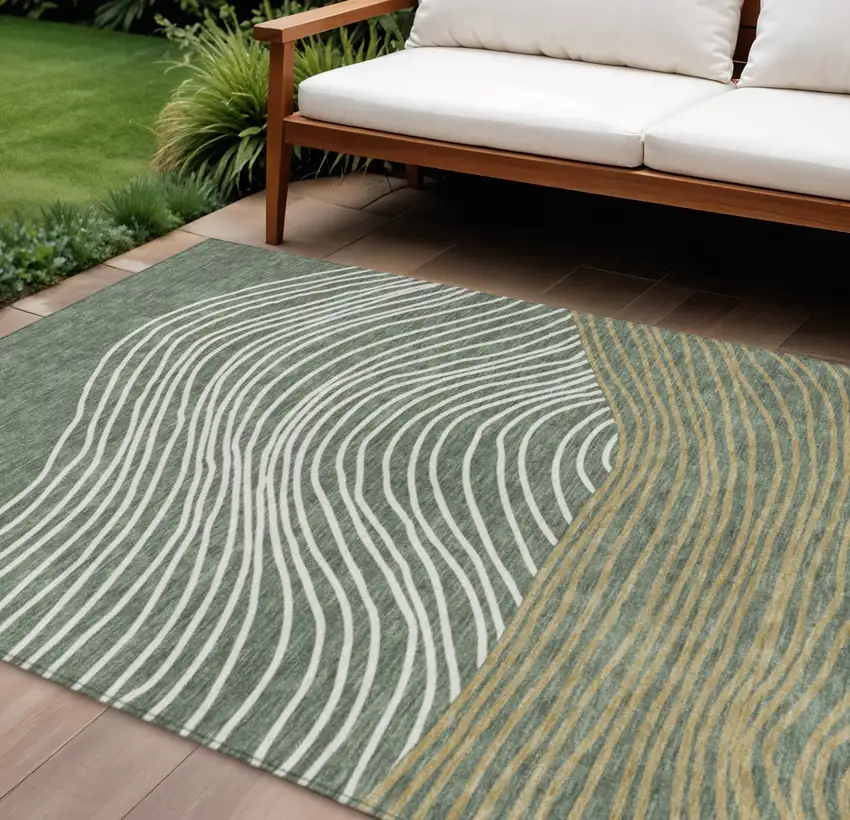 Fern Green Ivory And Gold Striped Washable Indoor Outdoor Area Rug Photo 1