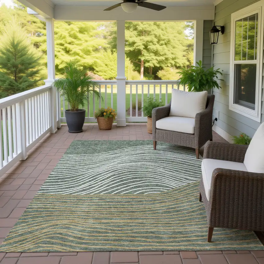 Fern Green Ivory And Gold Striped Washable Indoor Outdoor Area Rug Photo 9
