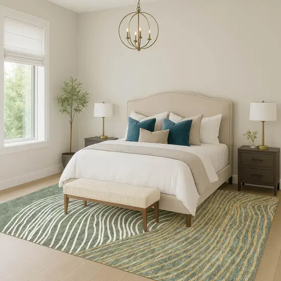 Fern Green Ivory And Gold Striped Washable Indoor Outdoor Area Rug Photo 8