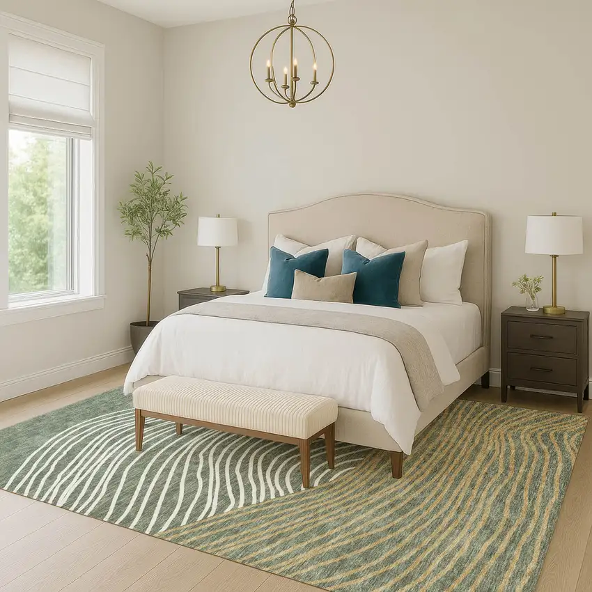 Fern Green Ivory And Gold Striped Washable Indoor Outdoor Area Rug Photo 8