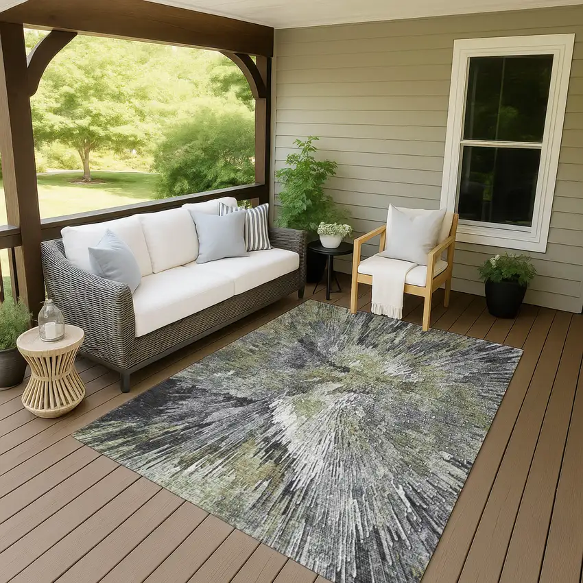Fern Green Ivory And Gray Abstract Washable Indoor Outdoor Area Rug Photo 7