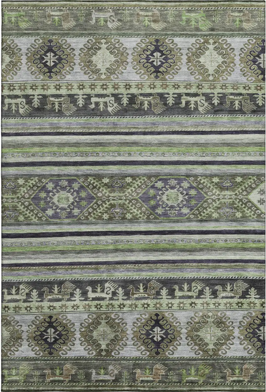 Fern Green Ivory And Gray Medallion Washable Area Rug With UV Protection Photo 1