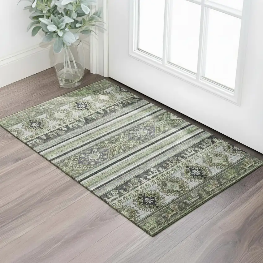 Fern Green Ivory And Gray Medallion Washable Area Rug With UV Protection Photo 2
