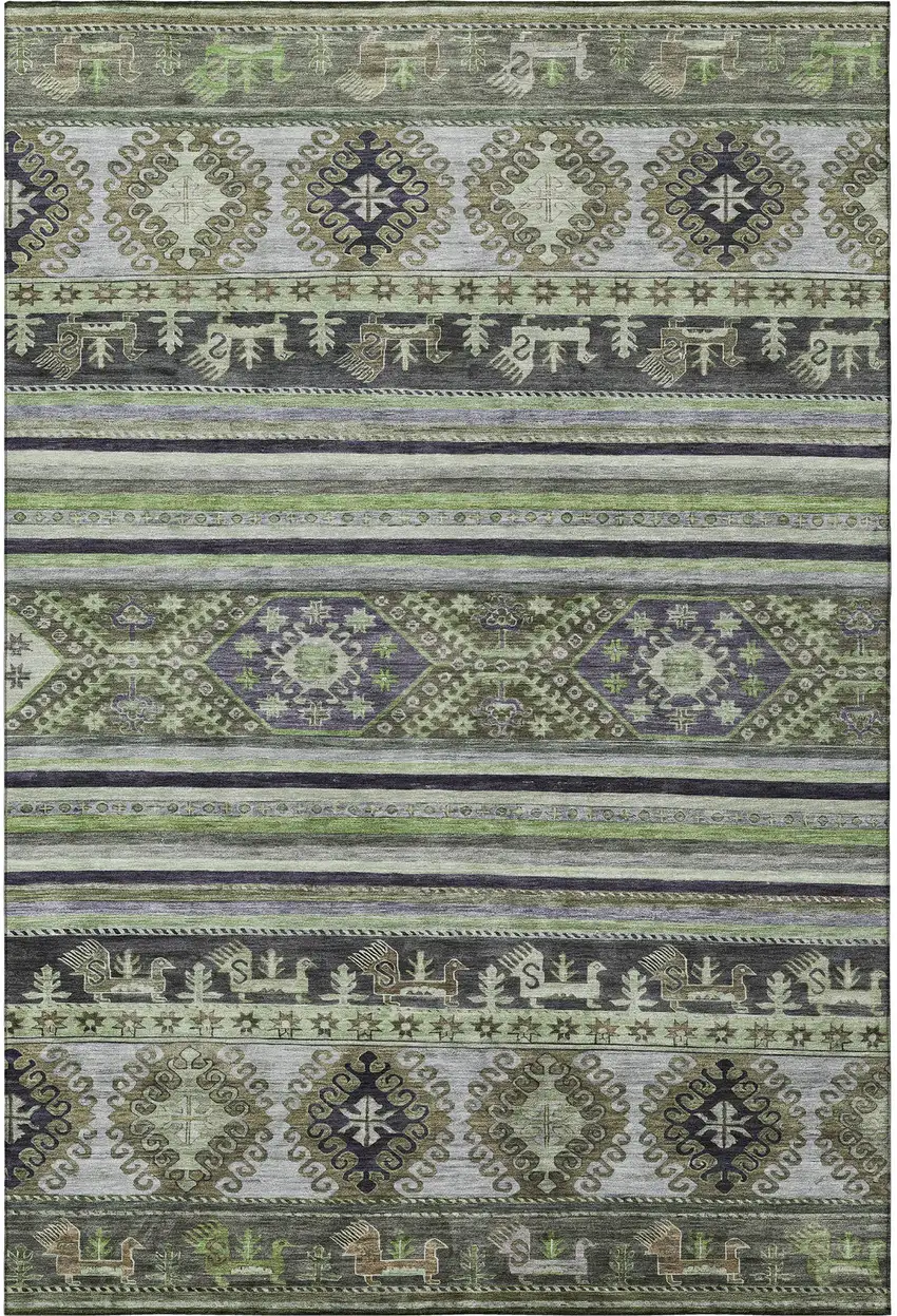 Fern Green Ivory And Gray Medallion Washable Area Rug With UV Protection Photo 3
