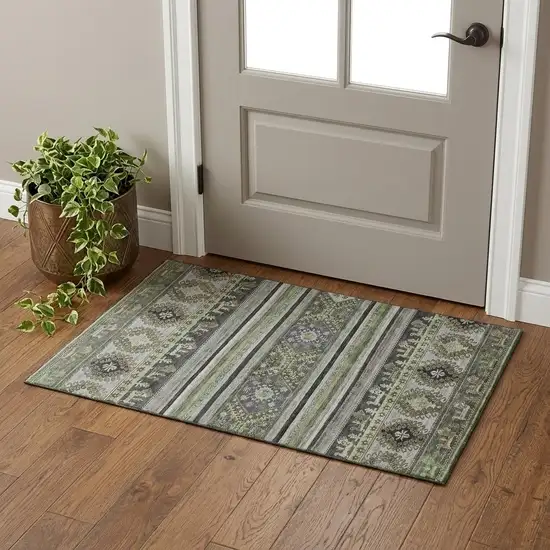 Fern Green Ivory And Gray Medallion Washable Area Rug With UV Protection Photo 1