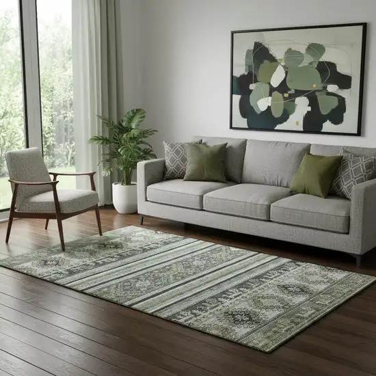 Fern Green Ivory And Gray Medallion Washable Area Rug With UV Protection Photo 2