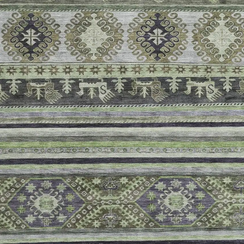 Fern Green Ivory And Gray Medallion Washable Area Rug With UV Protection Photo 2