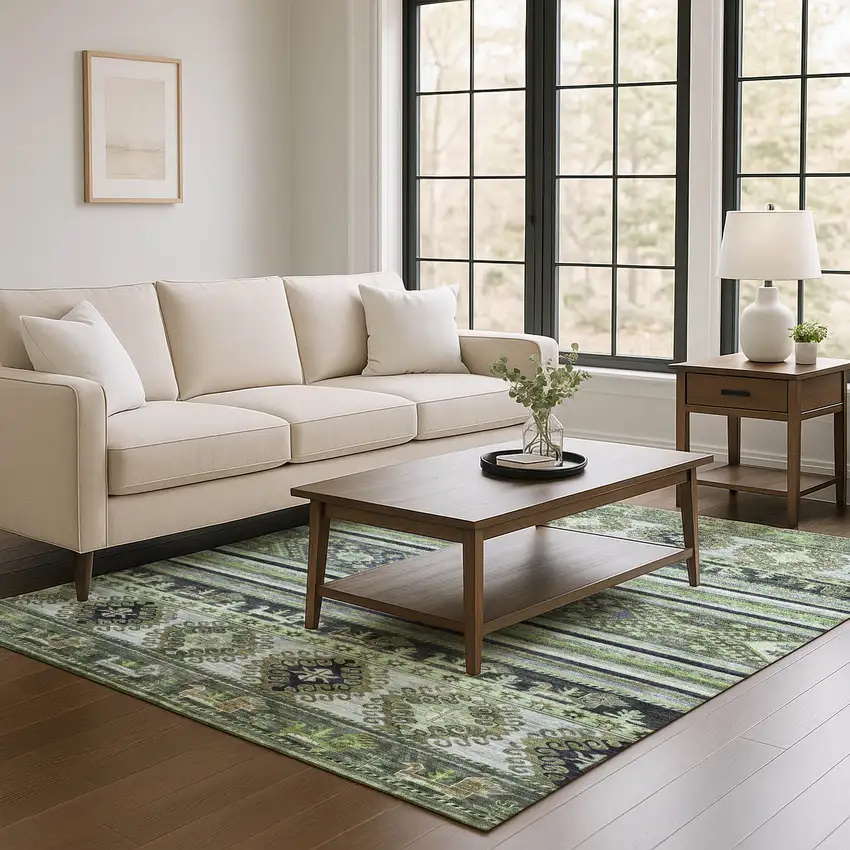 Fern Green Ivory And Gray Medallion Washable Area Rug With UV Protection Photo 4