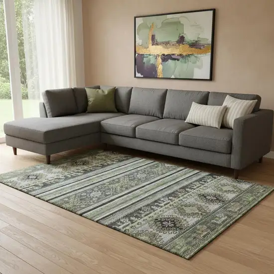 Fern Green Ivory And Gray Medallion Washable Area Rug With UV Protection Photo 2