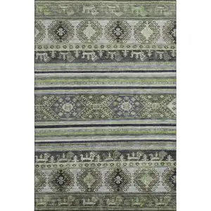 Photo of Fern Green Ivory And Gray Medallion Washable Area Rug With UV Protection