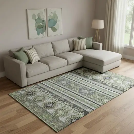 Fern Green Ivory And Gray Medallion Washable Area Rug With UV Protection Photo 2