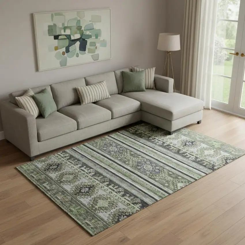 Fern Green Ivory And Gray Medallion Washable Area Rug With UV Protection Photo 2