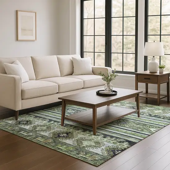 Fern Green Ivory And Gray Medallion Washable Area Rug With UV Protection Photo 4
