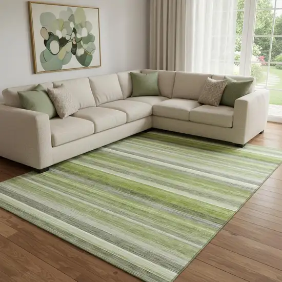 Fern Green Ivory And Gray Striped Washable Area Rug With UV Protection Photo 1
