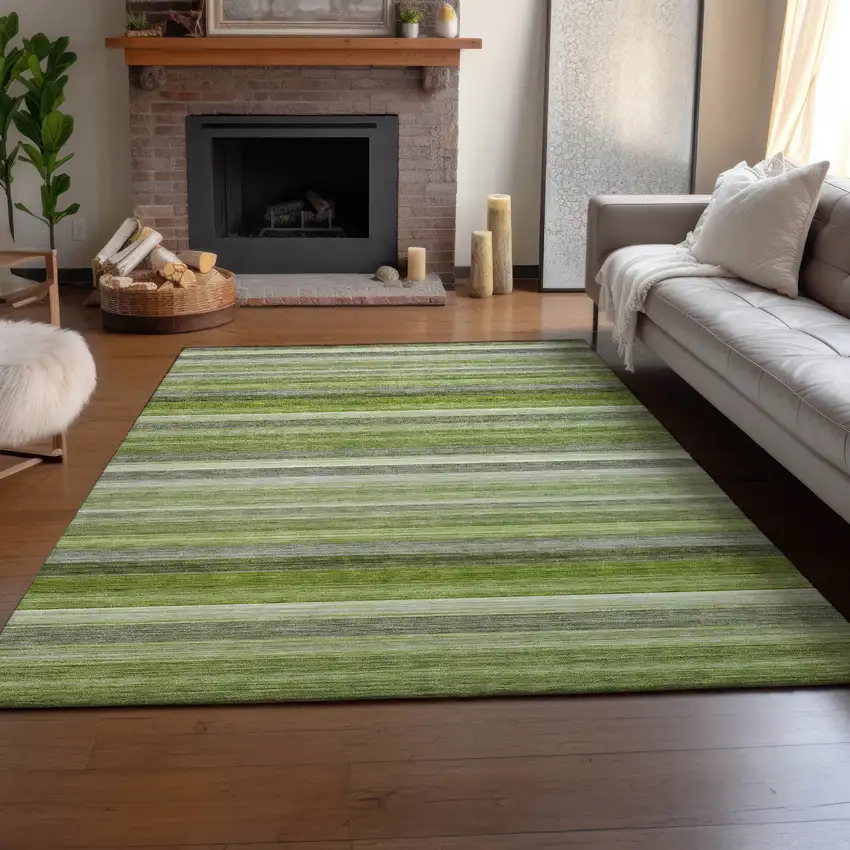 Fern Green Ivory And Gray Striped Washable Area Rug With UV Protection Photo 5